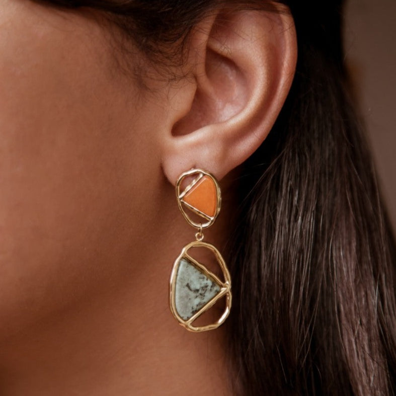 Boucles d'oreilles avec pierre naturelle verte et orange